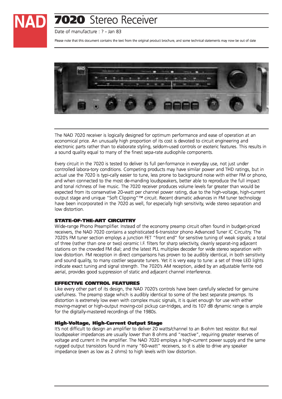 NAD 7020 brochure State-Of-The-Artcircuitry, Effective Control Features, High-Voltage, High-CurrentOutput Stage 
