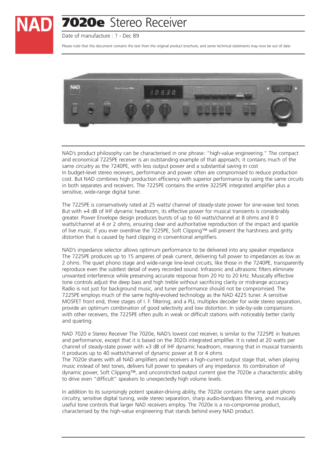 NAD brochure 7020e Stereo Receiver 