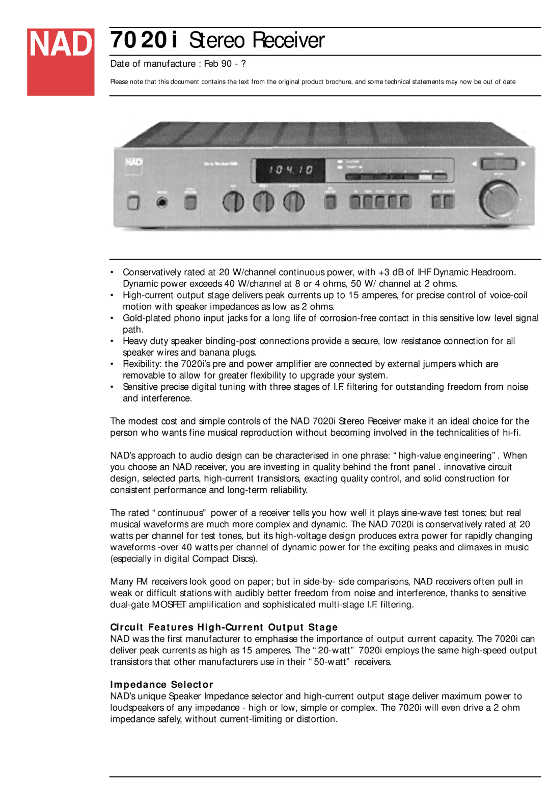 NAD 7020i brochure Circuit Features High-Current Output Stage, Impedance Selector 