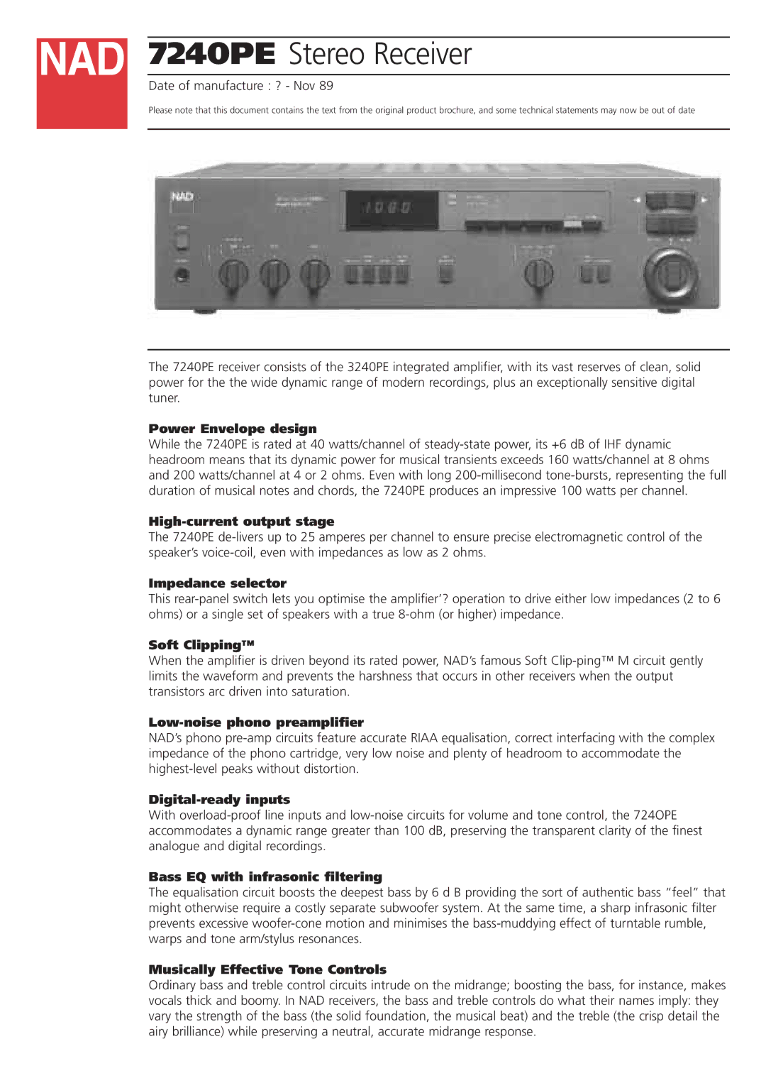 NAD 7240PE brochure Power Envelope design, High-current output stage, Impedance selector, Soft Clipping 