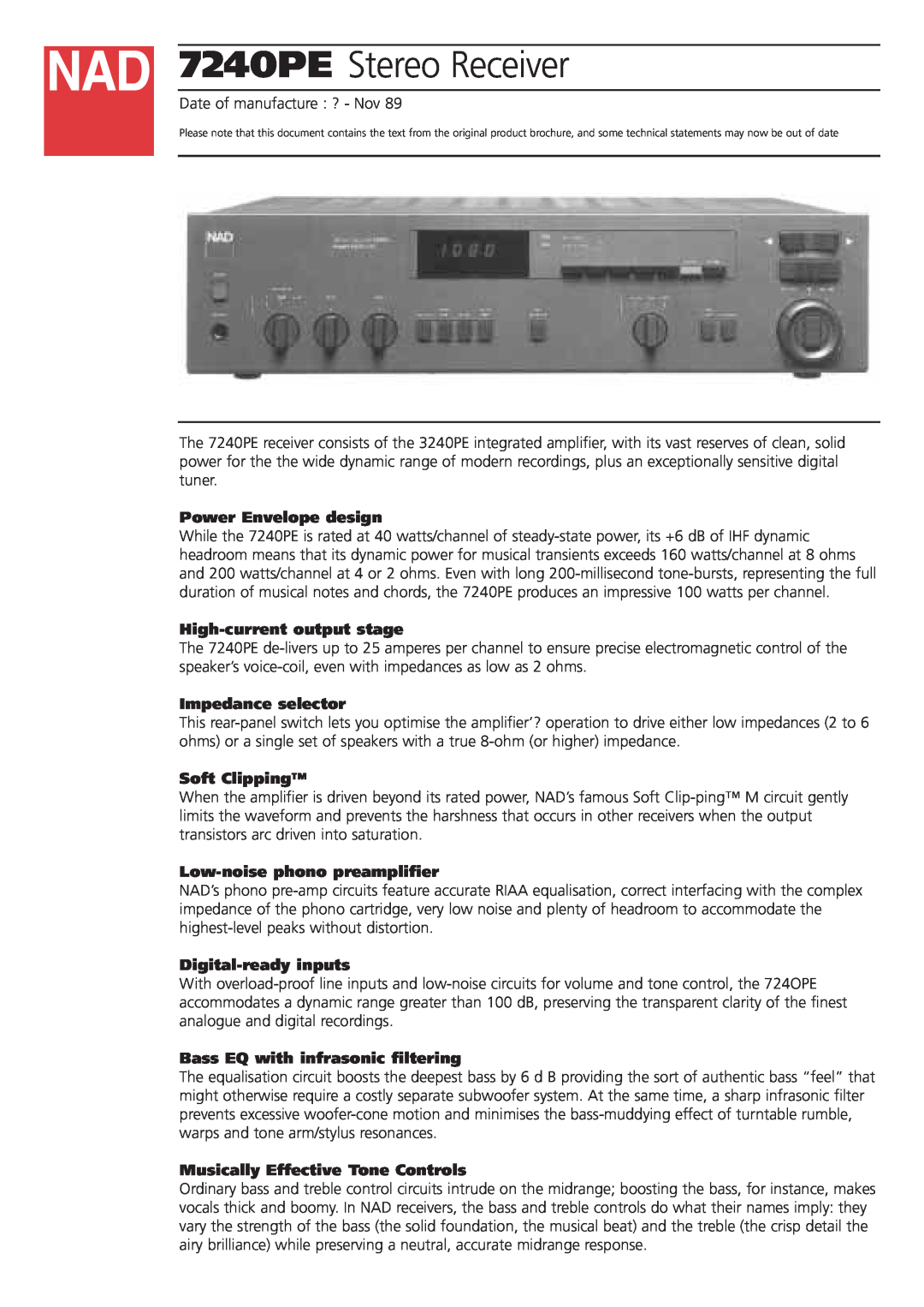 NAD 7240PE brochure Power Envelope design, High-currentoutput stage, Impedance selector, Soft Clipping 