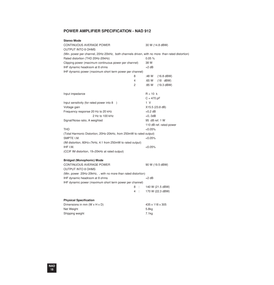 NAD 912 owner manual Power Amplifier Specification NAD 