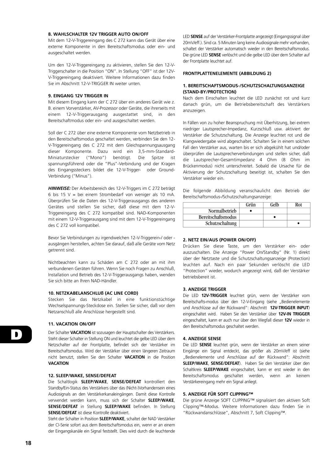 NAD C 272 owner manual Normalbetrieb Bereitschaftsmodus Schutzschaltung 