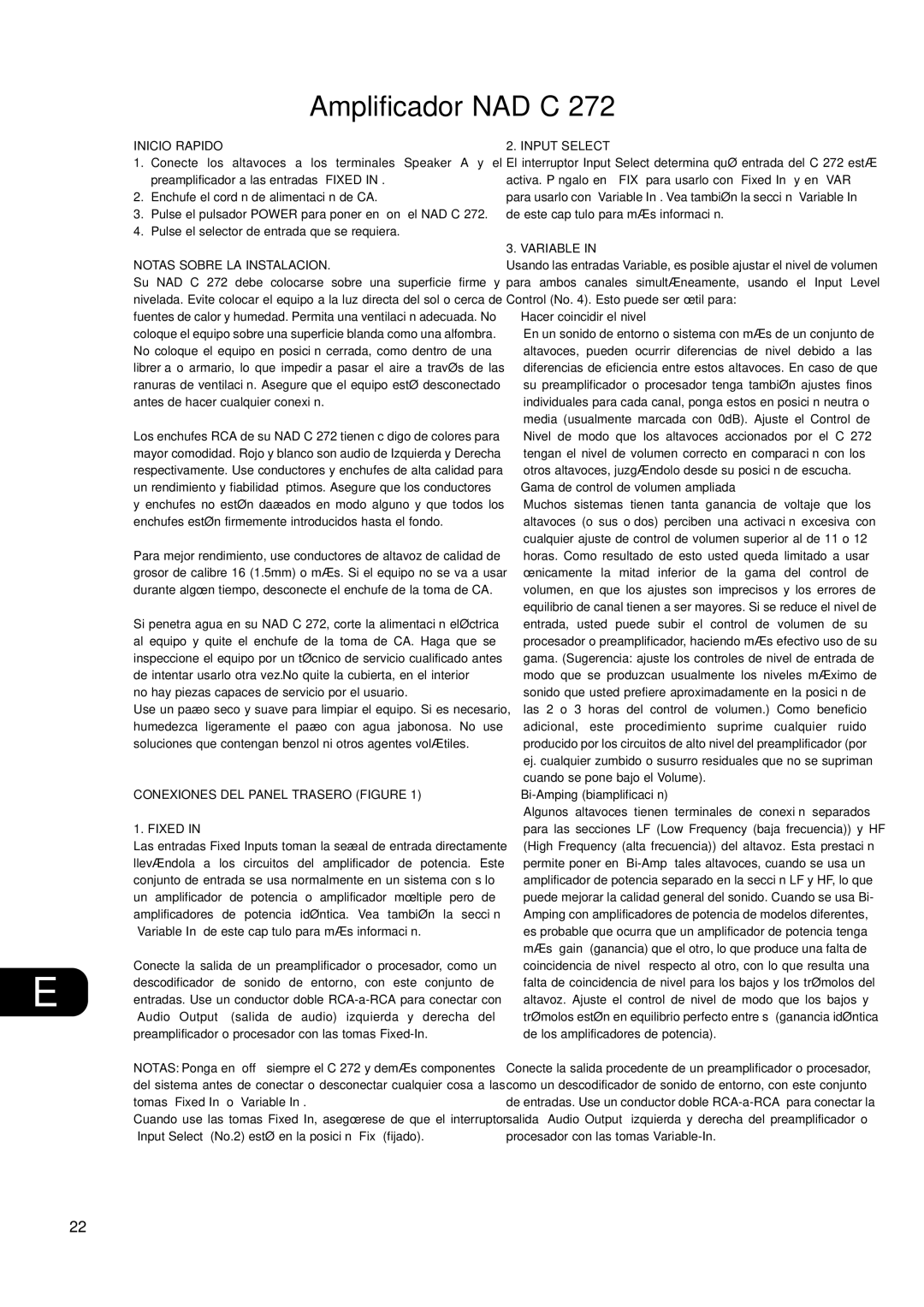 NAD C 272 Amplificador NAD C, Inicio Rapido, Notas Sobre LA Instalacion, Conexiones DEL Panel Trasero Figure Fixed 