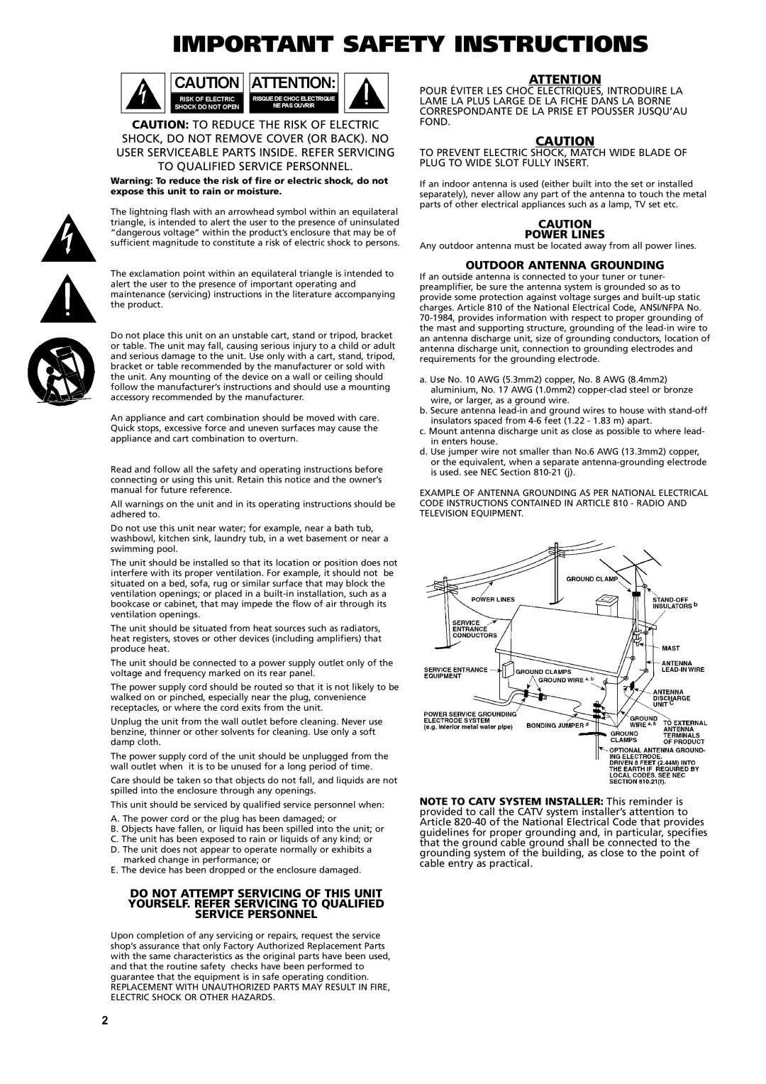 NAD C 272 owner manual Important Safety Instructions, Power Lines, Outdoor Antenna Grounding 