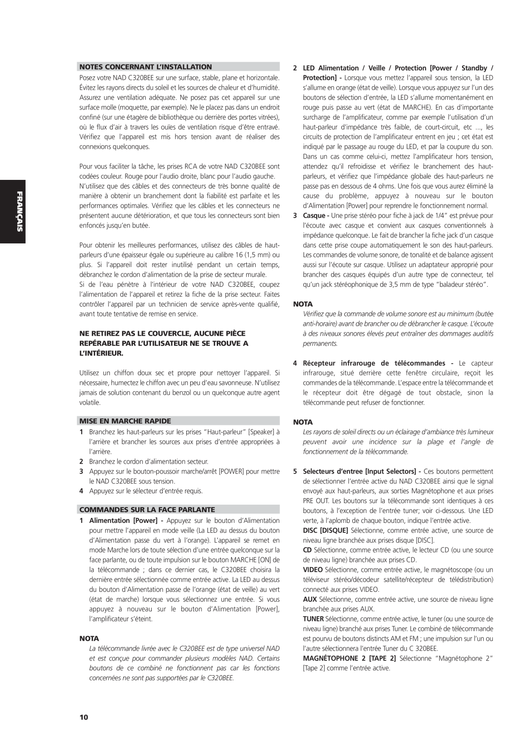 NAD C 320BEE owner manual Notes Concernant L’Installation, Mise En Marche Rapide, Commandes Sur La Face Parlante, Nota 
