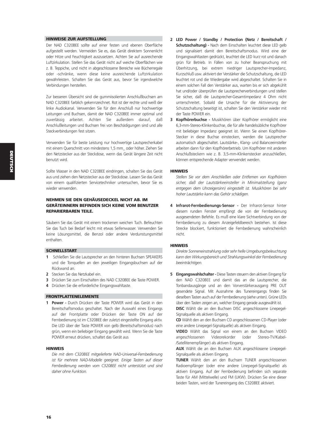 NAD C 320BEE owner manual Hinweise Zur Aufstellung, Schnellstart, Frontplattenelemente 