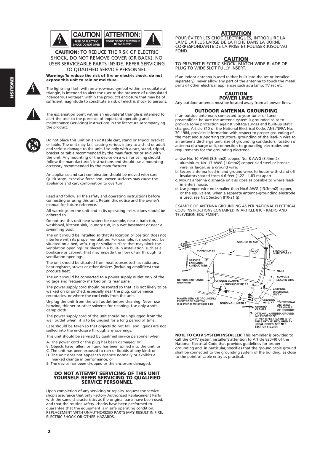 NAD C 320BEE owner manual Power Lines, Outdoor Antenna Grounding 