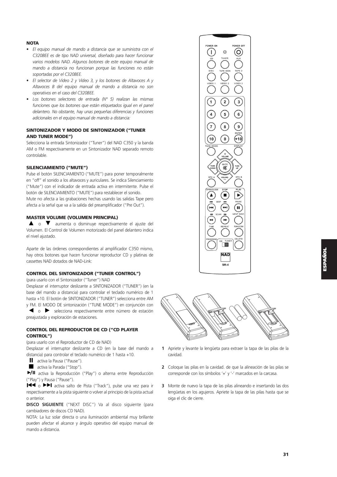 NAD C 320BEE Silenciamiento “Mute”, Master Volume Volumen Principal, Control Del Sintonizador “Tuner Control”, Nota 
