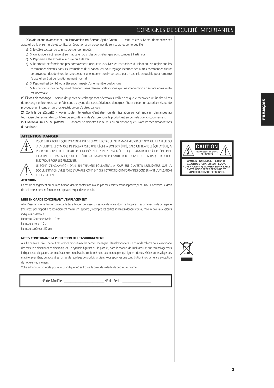 NAD C 325BEE owner manual De Modèle N de Série 