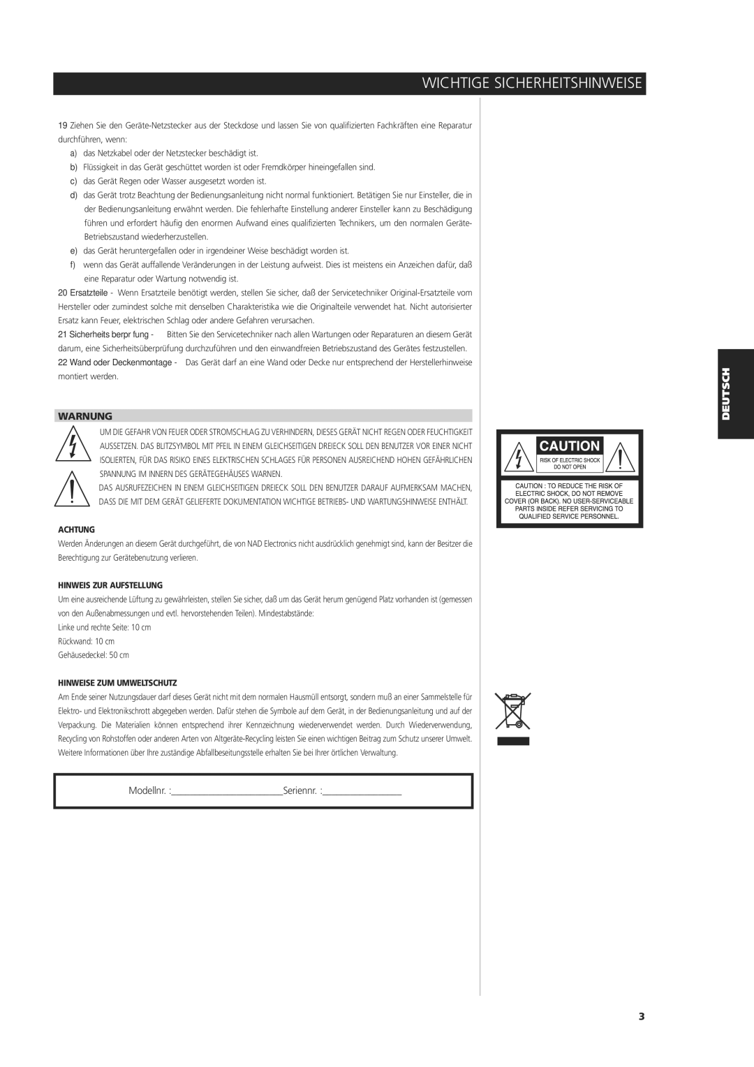 NAD C 325BEE owner manual Warnung, Achtung 