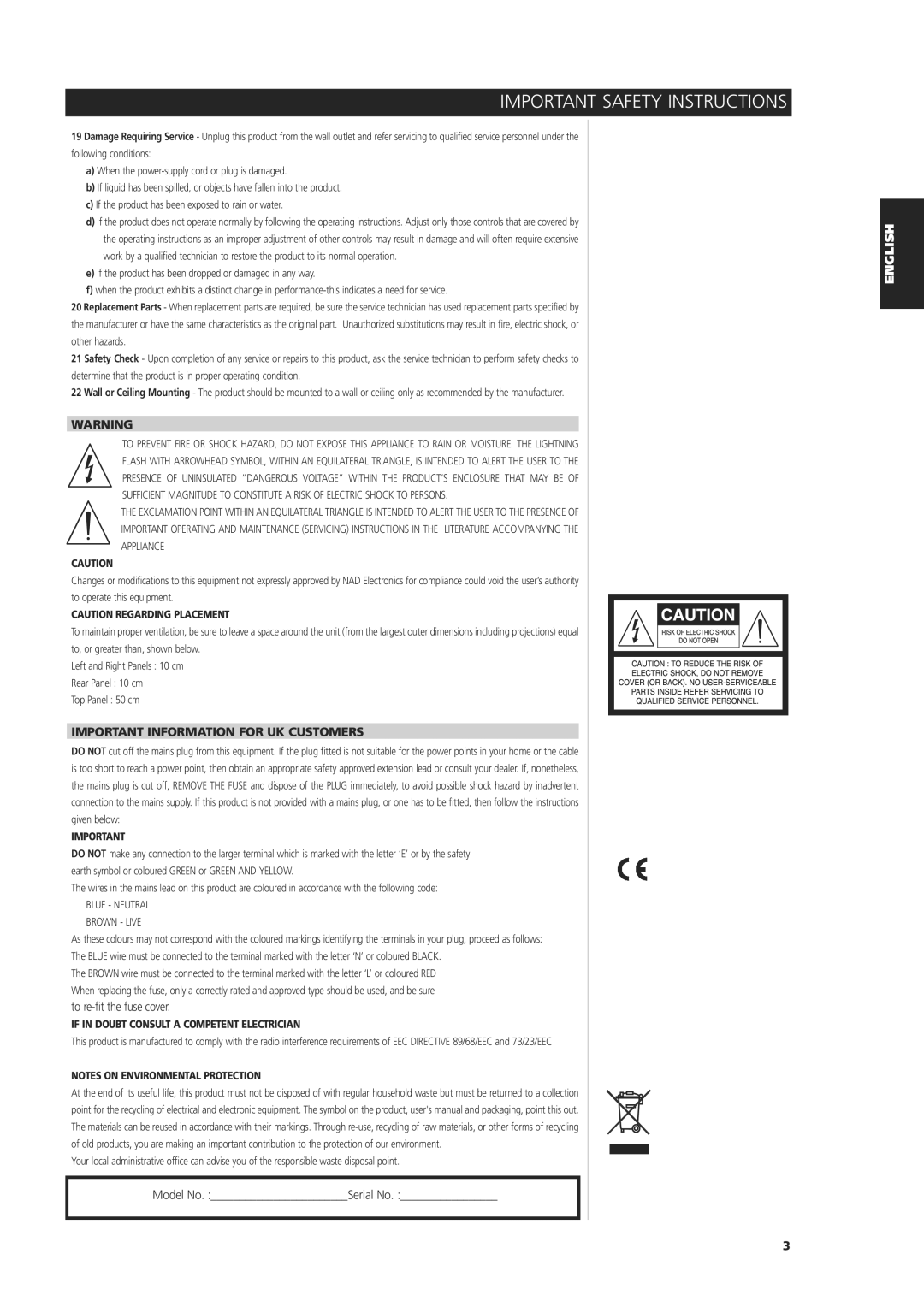 NAD C 325BEE owner manual Important Information for UK Customers, Blue Neutral Brown Live 