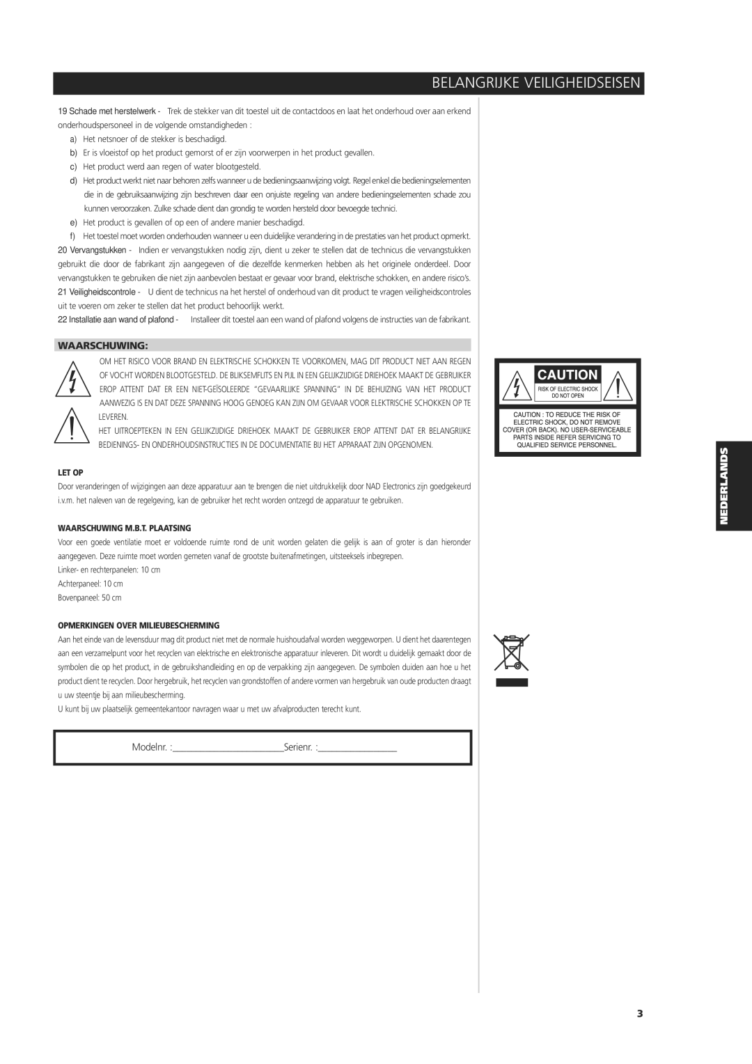 NAD C 325BEE owner manual Waarschuwing, Let Op 