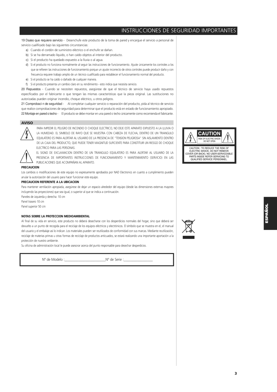 NAD C 325BEE owner manual Aviso, Precaucion 