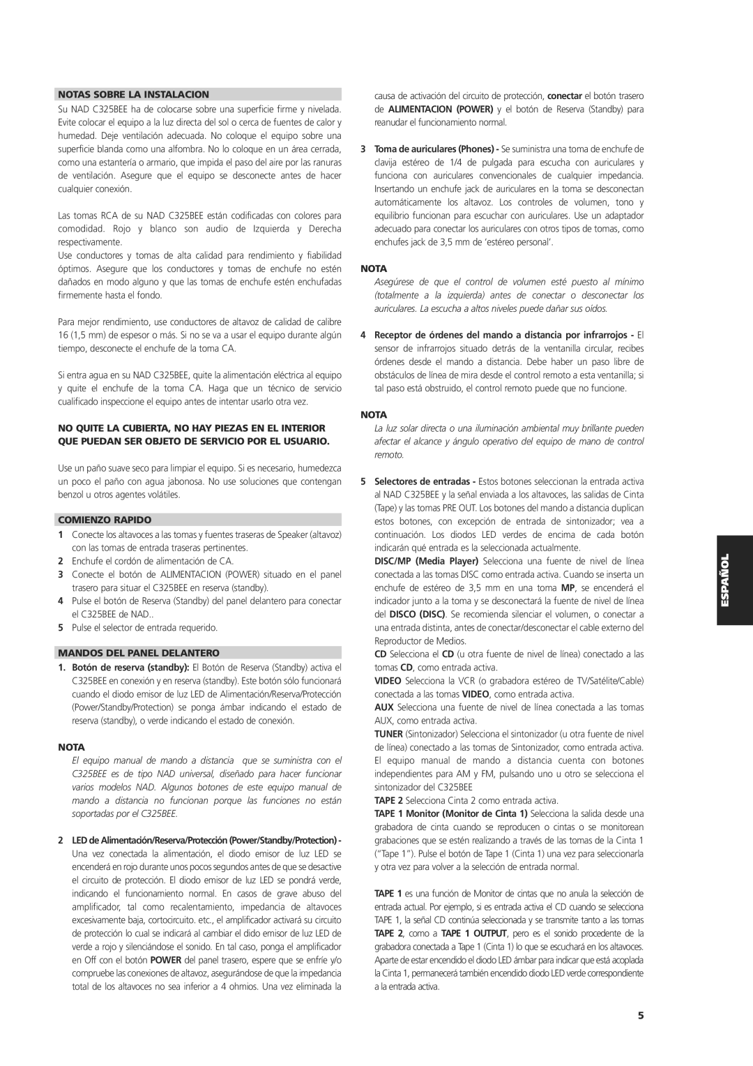 NAD C 325BEE owner manual Notas Sobre LA Instalacion 