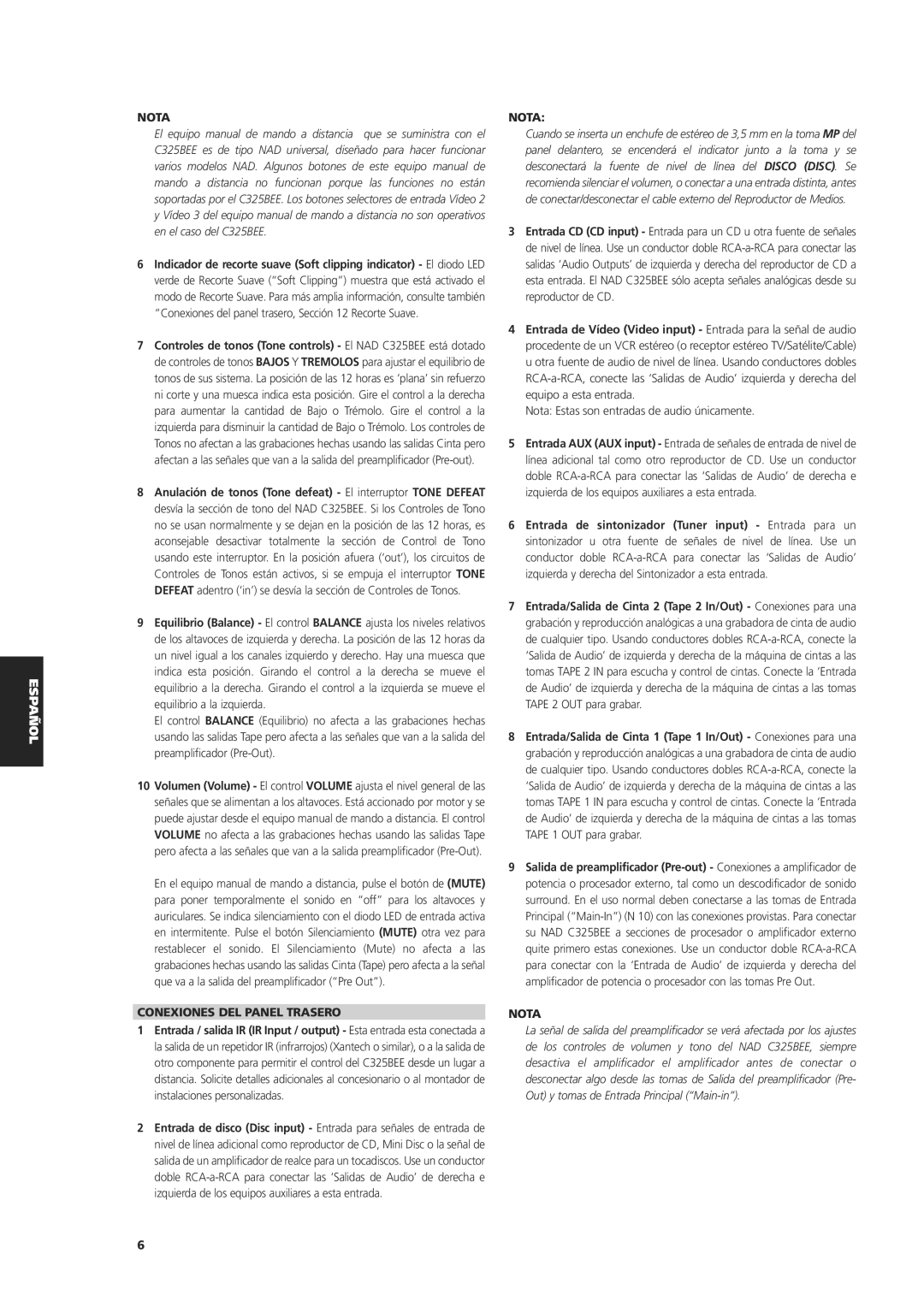 NAD C 325BEE owner manual Conexiones DEL Panel Trasero 