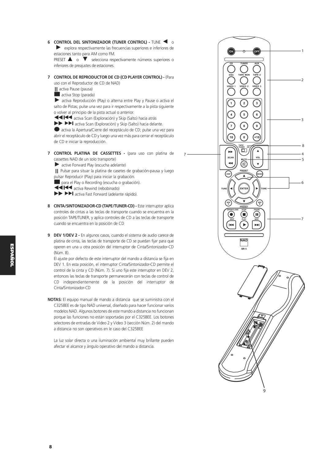 NAD C 325BEE owner manual Control DEL Sintonizador Tuner Control Tune o 