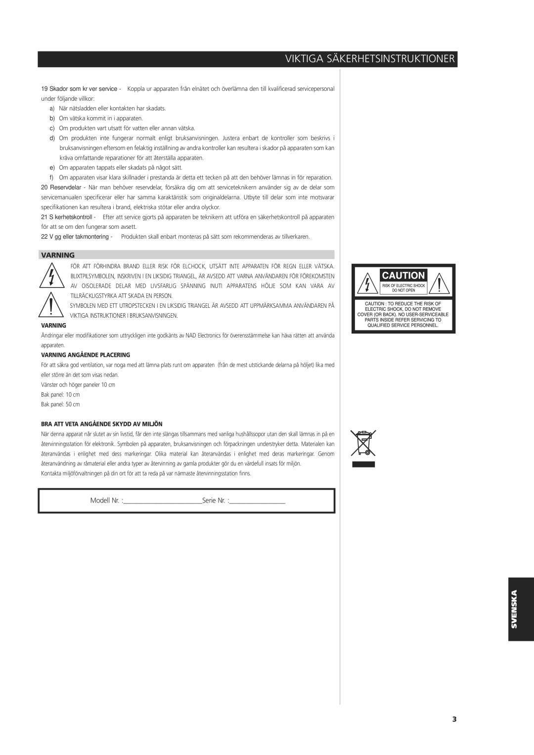 NAD C 325BEE owner manual Varning 