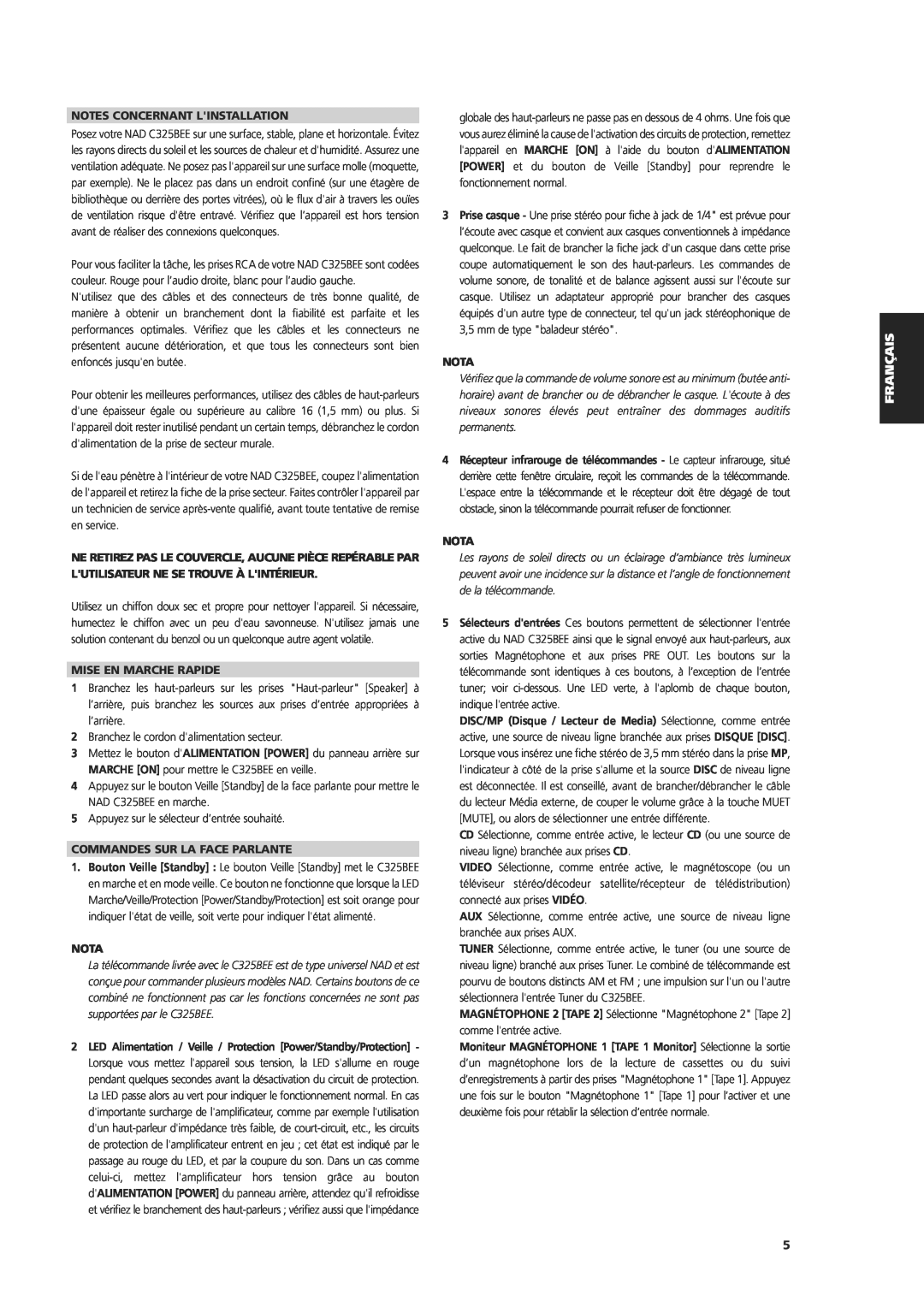 NAD C 325BEE owner manual Notes Concernant Linstallation, Mise En Marche Rapide, Commandes Sur La Face Parlante, Nota 