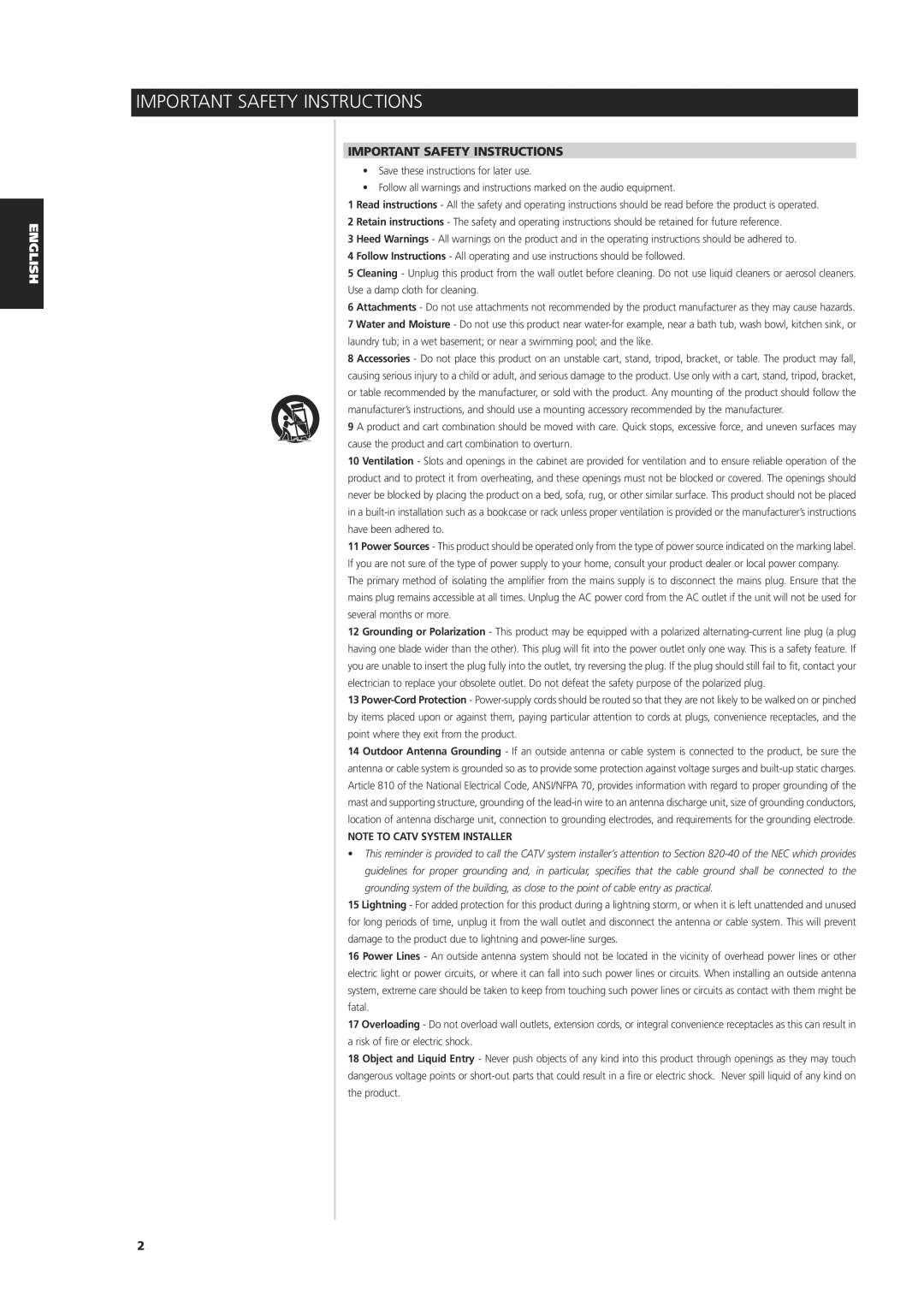 NAD C 325BEE owner manual Important Safety Instructions, Note To Catv System Installer 