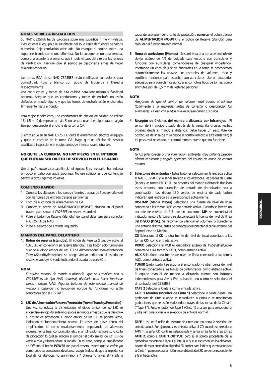NAD C 325BEE owner manual Notas Sobre La Instalacion, Comienzo Rapido, Mandos Del Panel Delantero 