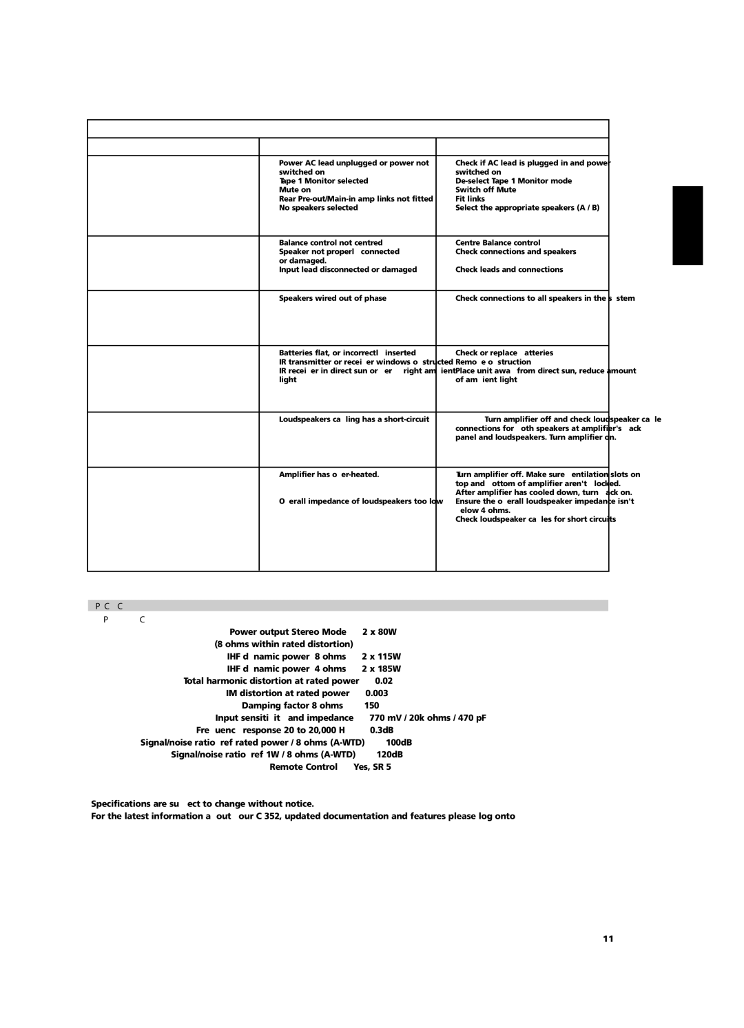 NAD C 352 owner manual Troubleshooting, Specifications Amplifier Section 