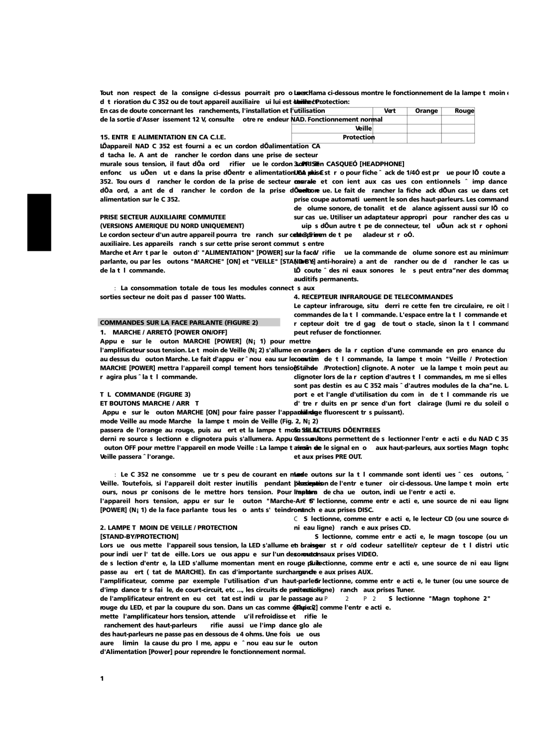 NAD C 352 Entrée Alimentation EN CA C.I.E, Prise Secteur Auxiliaire Commutee, Prise Casque Headphone, Selecteurs D’ENTREES 