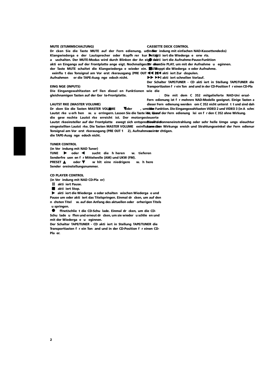 NAD C 352 owner manual Mute Stummschaltung, Eingänge Inputs, Lautstärke Master Volume, CD Player Control 