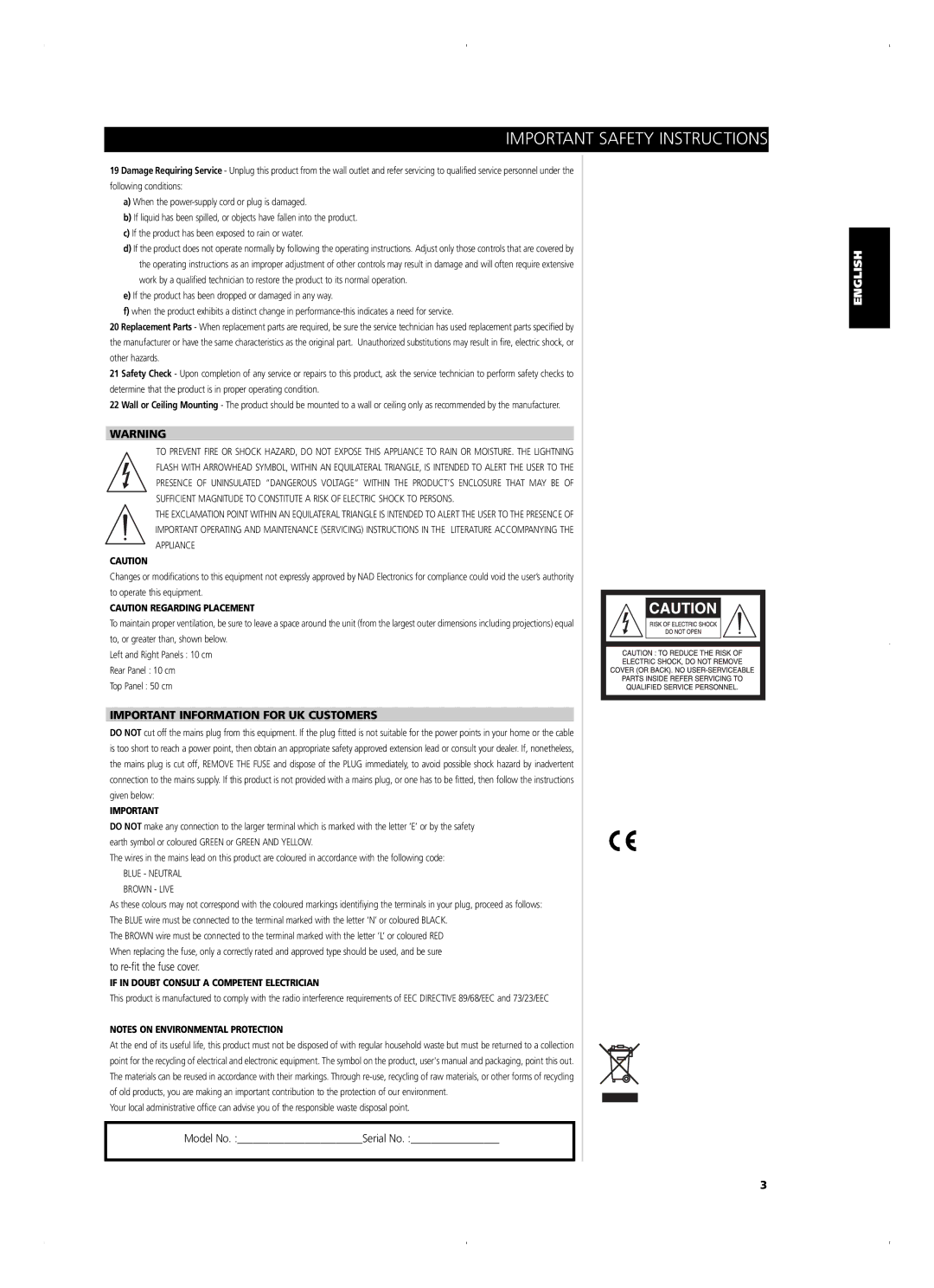 NAD C 352 owner manual Important Information for UK Customers, To re-fit the fuse cover, Model No. Serial No 