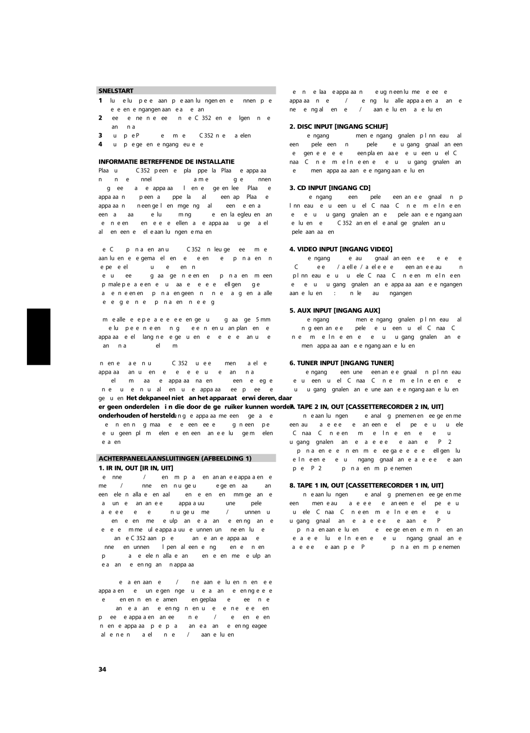 NAD C 352 Snelstart, Informatie Betreffende DE Installatie, Achterpaneelaansluitingen Afbeelding IR IN, OUT IR IN, UIT 