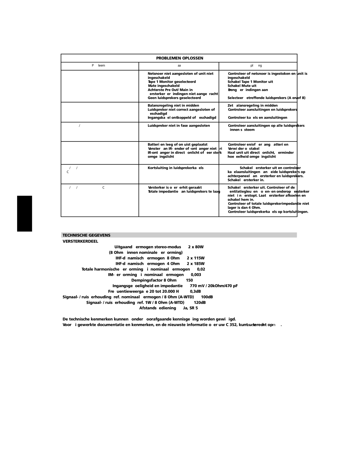 NAD C 352 owner manual Problemen Oplossen, Technische Gegevens Versterkerdeel 