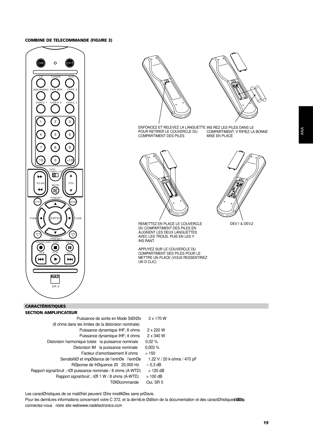 NAD C 372 owner manual Caractéristiques Section Amplificateur, 120 dB 