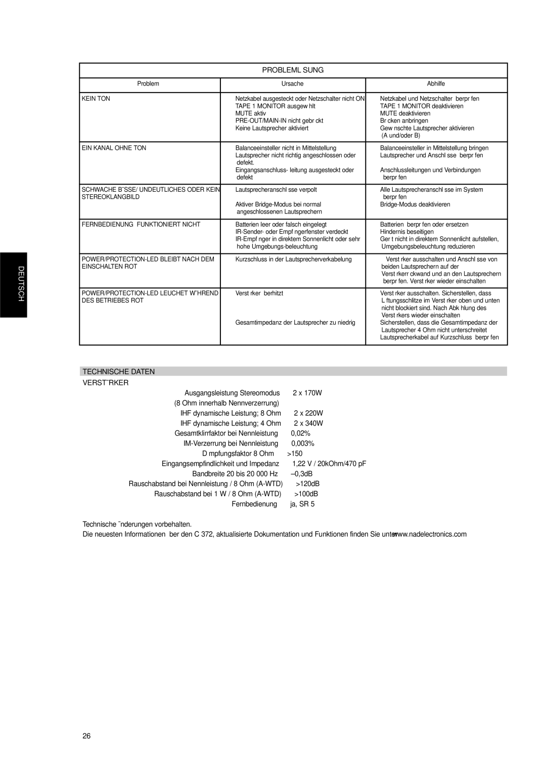 NAD C 372 owner manual Problemlösung, Technische Daten Verstärker 