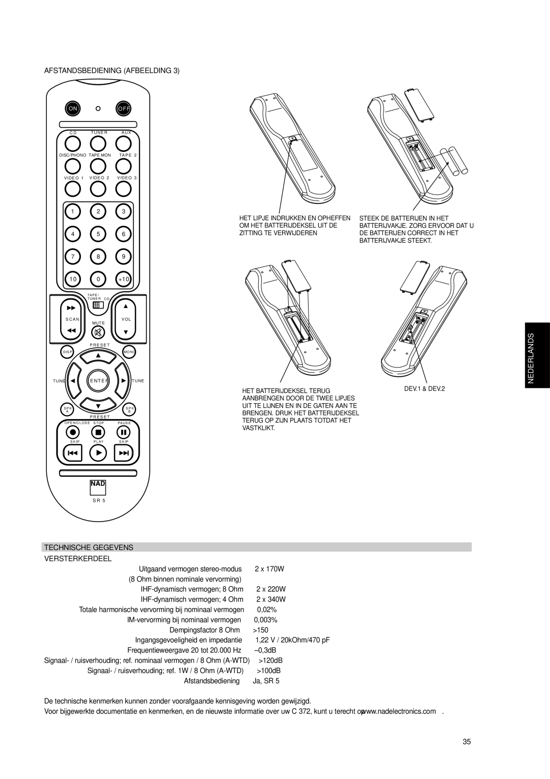 NAD C 372 owner manual Italiano Español Nederlands Deutsch Français English, Technische Gegevens Versterkerdeel 