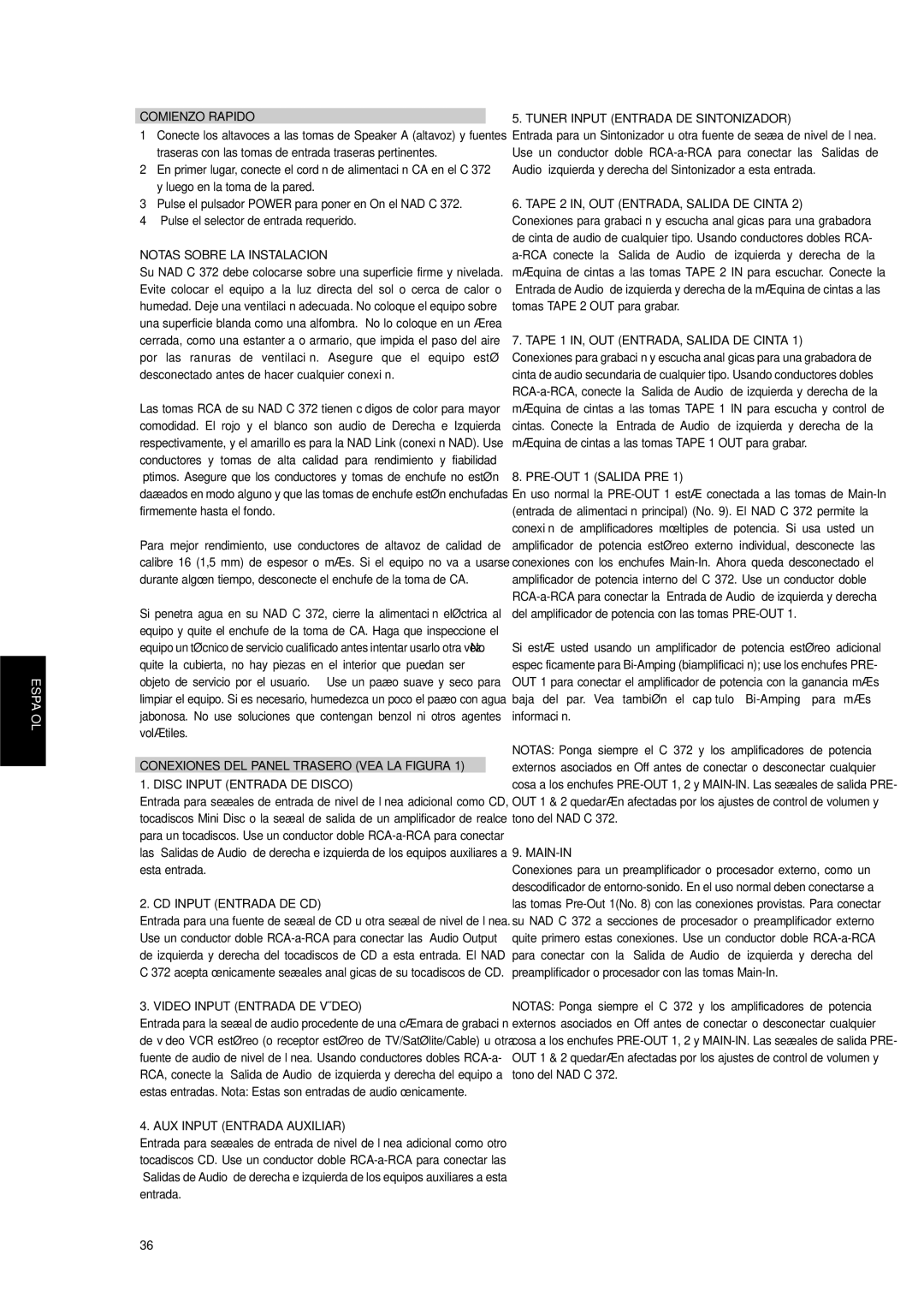 NAD C 372 Comienzo Rapido, Notas Sobre LA Instalacion, CD Input Entrada DE CD, Video Input Entrada DE Vídeo, Main-In 