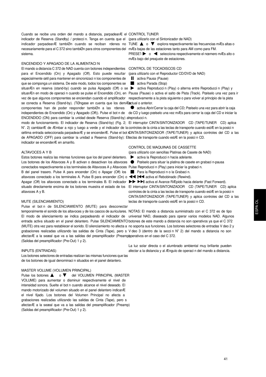 NAD C 372 Encendido Y Apagado DE LA Alimentación, Altavoces a Y B, Mute Silenciamiento, Inputs Entradas, Control Tuner 