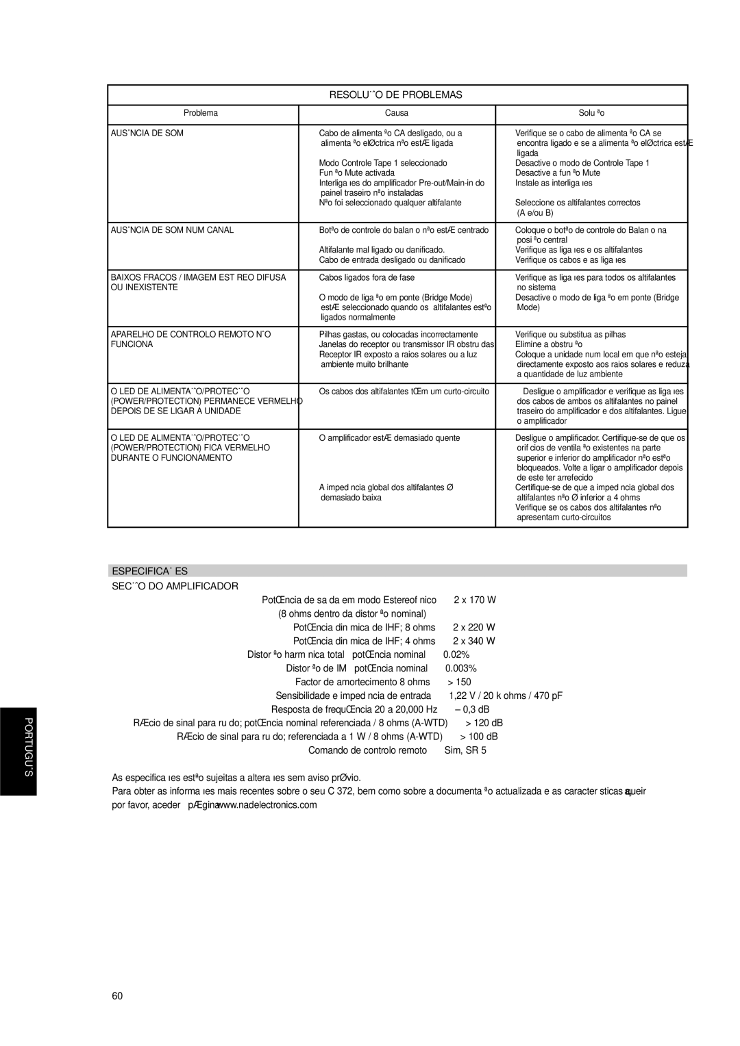 NAD C 372 owner manual Resolução DE Problemas, Especificações Secção do Amplificador 