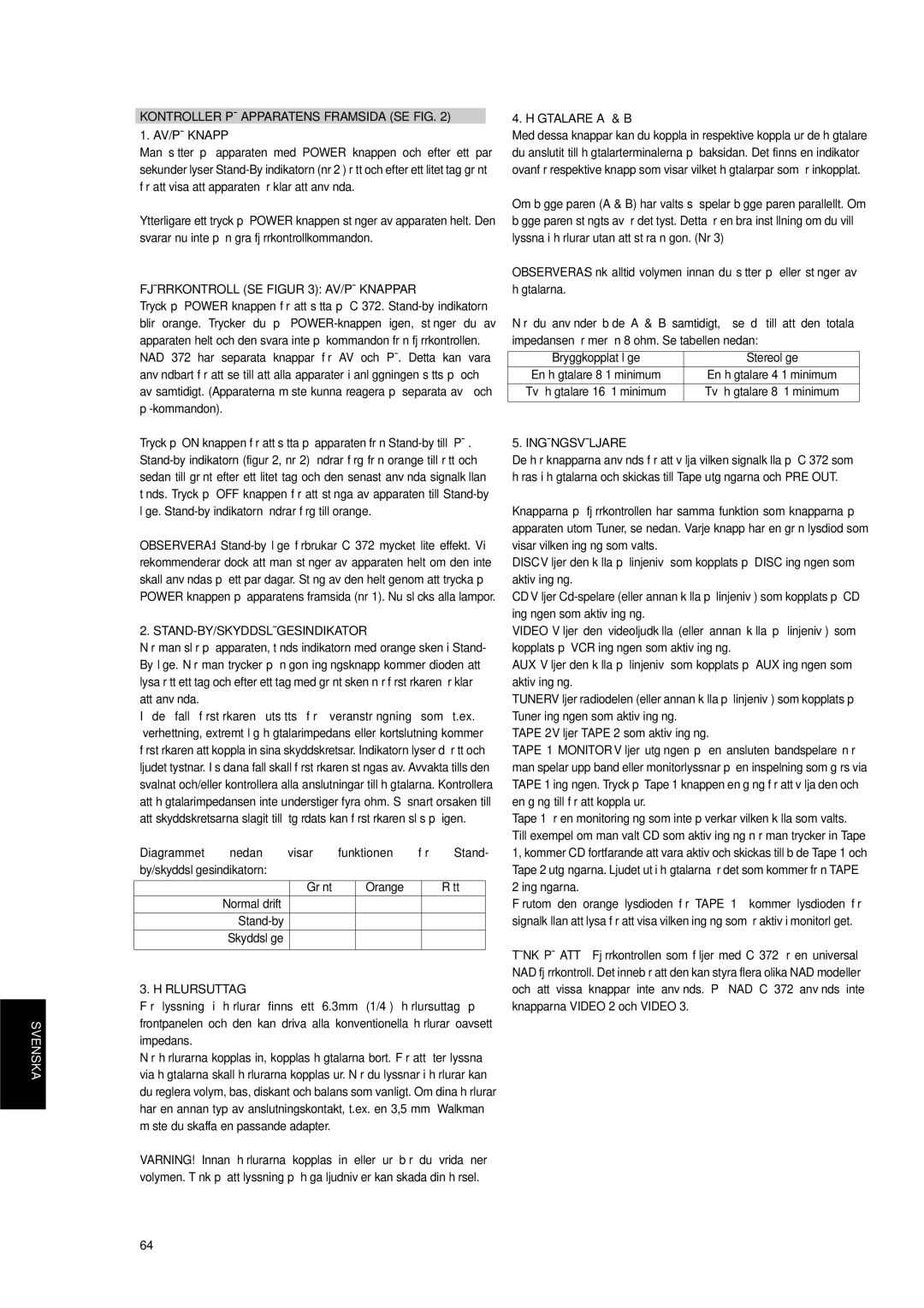 NAD C 372 owner manual Kontroller PÅ Apparatens Framsida SE FIG AV/PÅ Knapp, Fjärrkontroll SE AV/PÅ Knappar, Hörlursuttag 