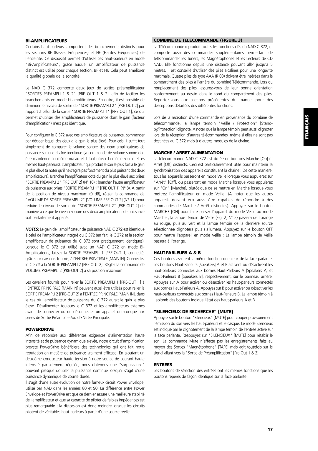 NAD C 372 Bi-Amplificateurs, Combine De Telecommande Figure, Marche / Arret Alimentation, Haut-Parleursa & B, Entrees 