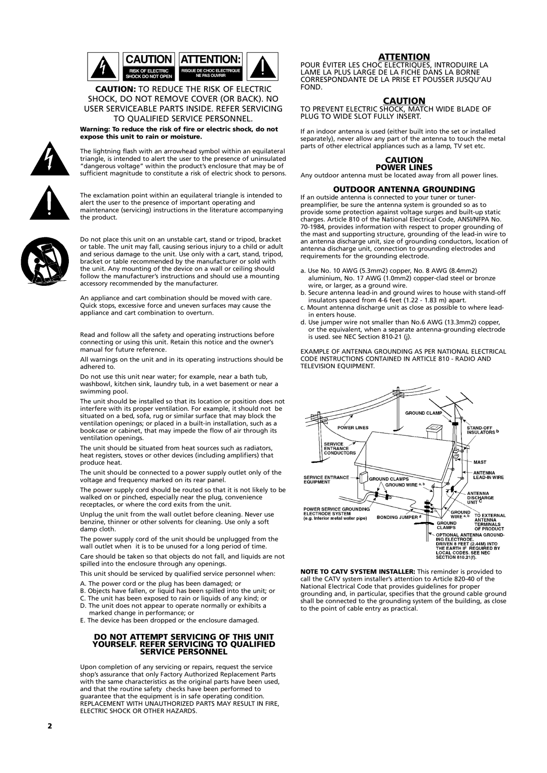 NAD C 372 Important Safety Instructions, Caution: To Reduce The Risk Of Electric, Power Lines, Outdoor Antenna Grounding 
