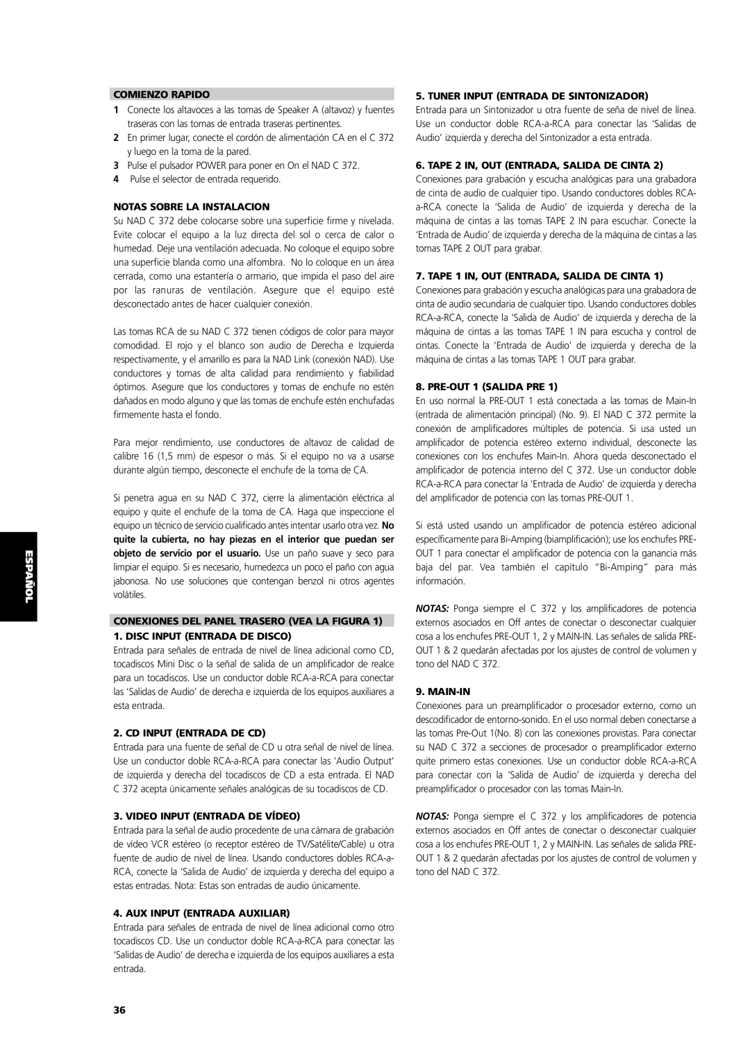 NAD C 372 English Français Deutsch, Comienzo Rapido, Notas Sobre La Instalacion, Disc Input Entrada De Disco, Main-In 