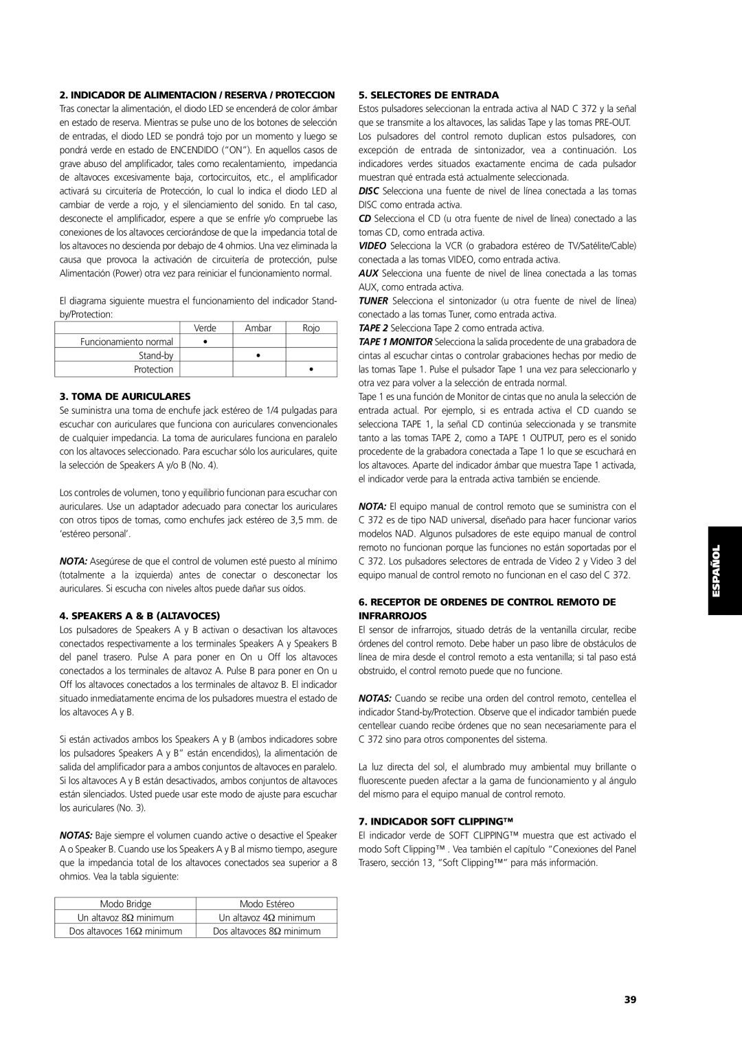 NAD C 372 owner manual Toma De Auriculares, Speakers A & B Altavoces, Selectores De Entrada, Indicador Soft Clipping 