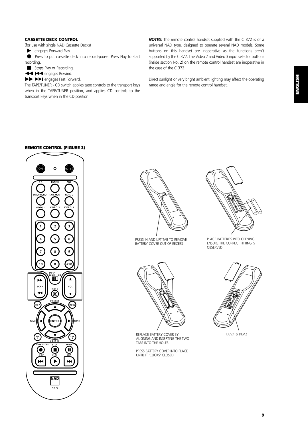 NAD C 372 Cassette Deck Control, Remote Control Figure, Deutsch Français English, Svenska Português Italiano Español 