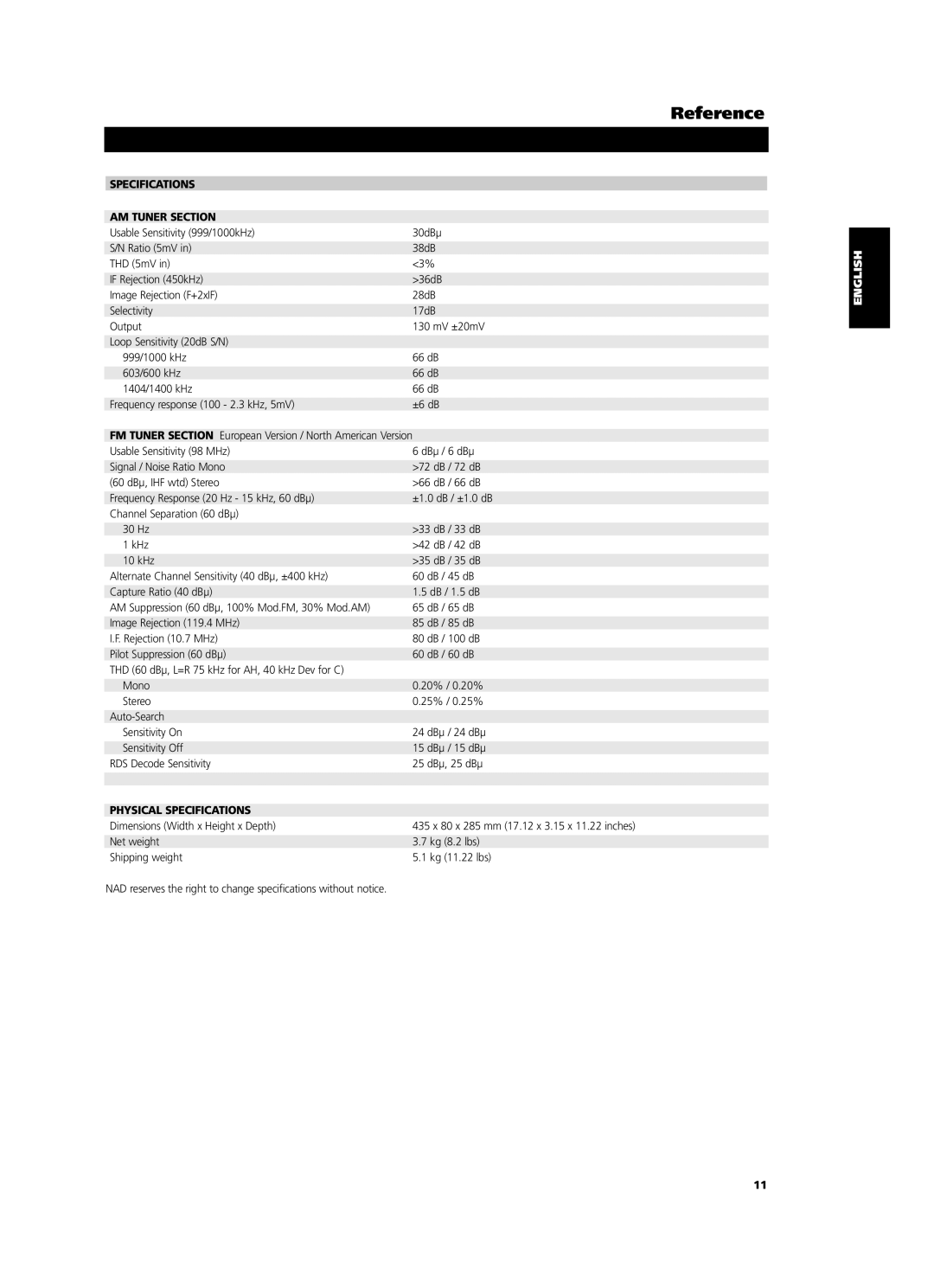 NAD C 425 owner manual Specifications AM Tuner Section, 65 dB / 65 dB, Physical Specifications 