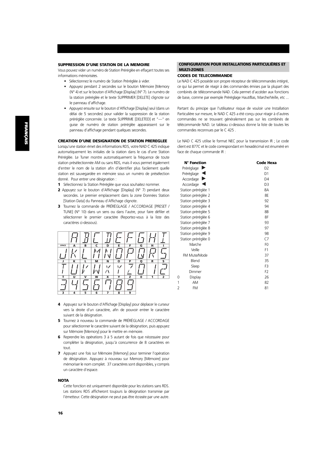 NAD C 425 owner manual Suppression D’UNE Station DE LA Memoire, Multi-Zones, Codes DE Telecommande, Code Hexa 