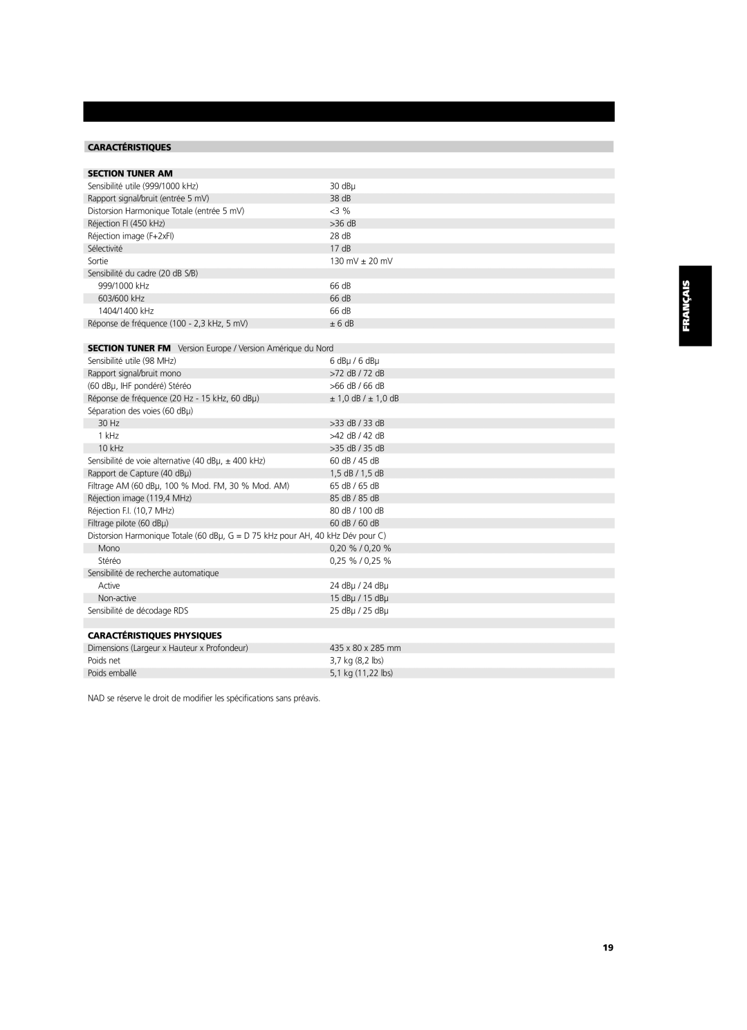 NAD C 425 owner manual Caractéristiques Section Tuner AM, Caractéristiques Physiques 