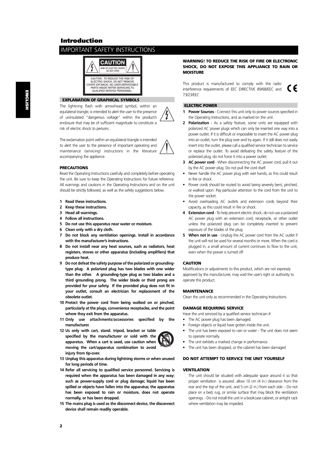 NAD C 425 owner manual Explanation of Graphical Symbols, Precautions, Electric Power, Maintenance, Damage Requiring Service 