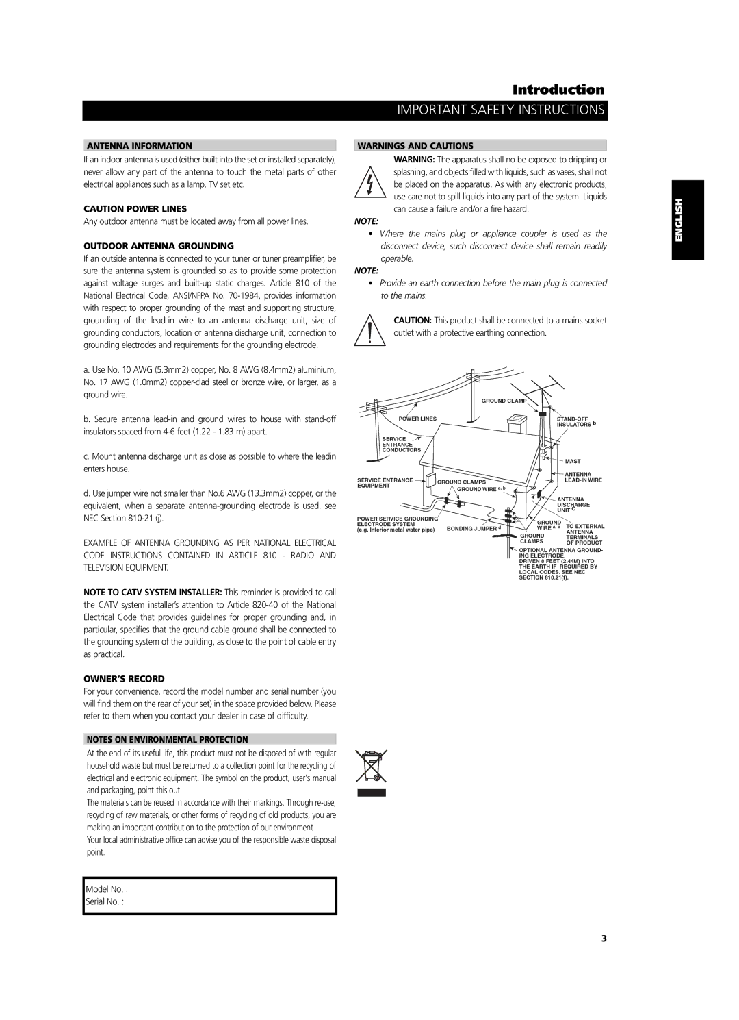 NAD C 425 owner manual Antenna Information, Outdoor Antenna Grounding, OWNER’S Record 