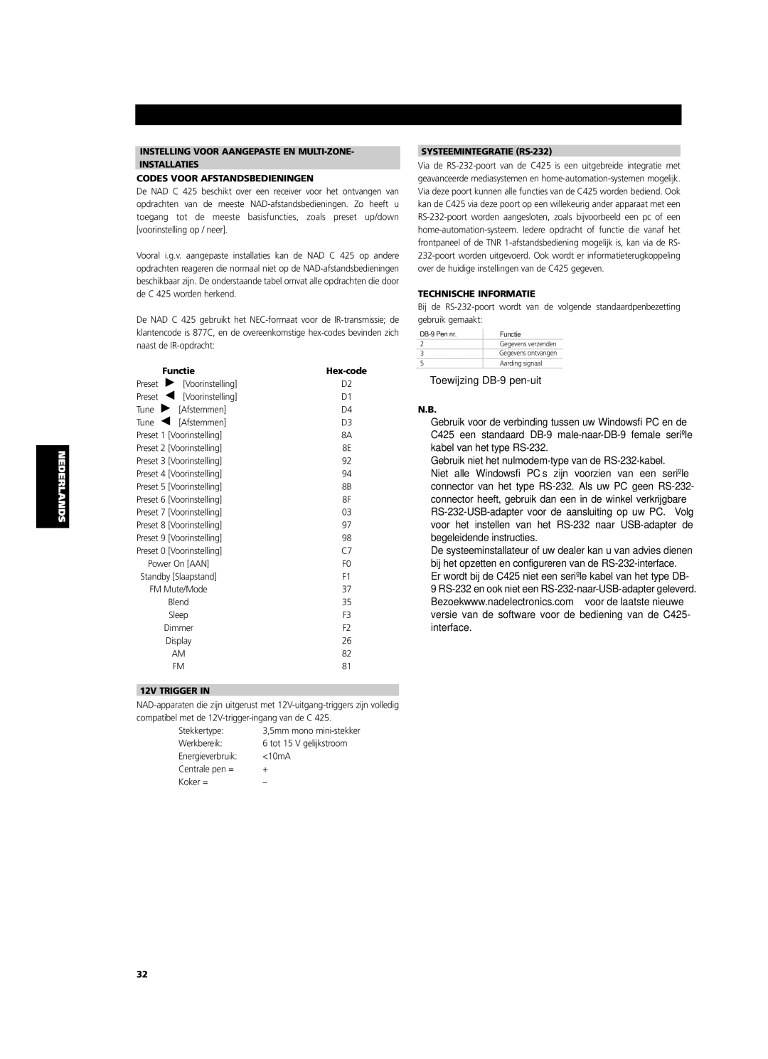 NAD C 425 owner manual Voorinstelling, 12V Trigger, Systeemintegratie RS-232, Technische Informatie 