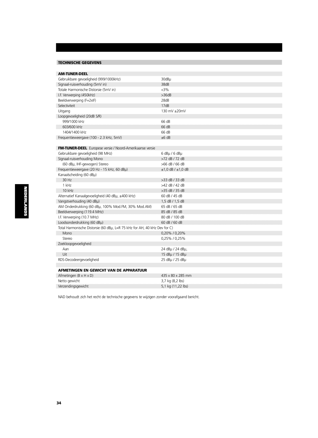 NAD C 425 owner manual Technische Gegevens AM-TUNER-DEEL, Afmetingen EN Gewicht VAN DE Apparatuur 